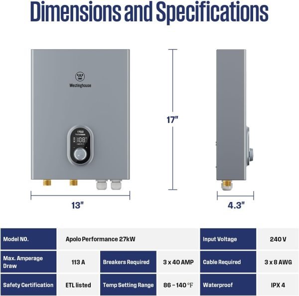 Westinghouse Apolo Tankless Water Heater 27kW with WiFi 6.3 GPM 240V New