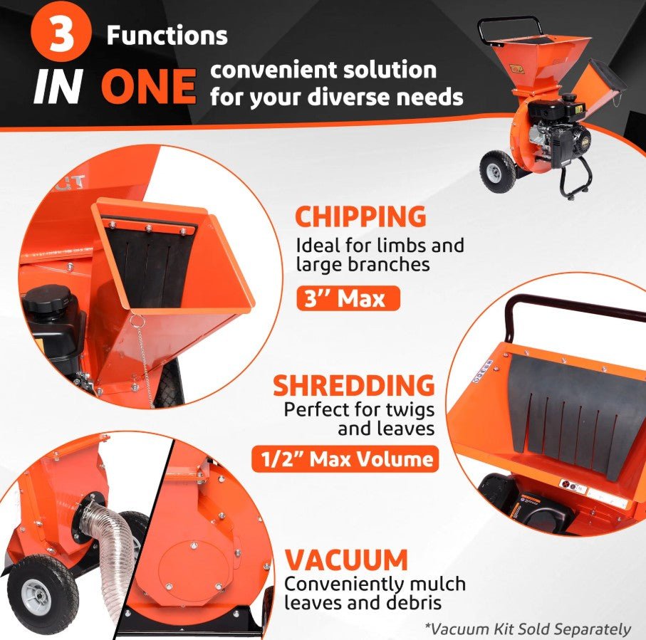 EFCUT EF-MF30 3-in-1 Wood Chipper 3" Shredder Mulcher 2 Hopper 7HP 212cc Horizontal 4-stroke Gas-Powered New