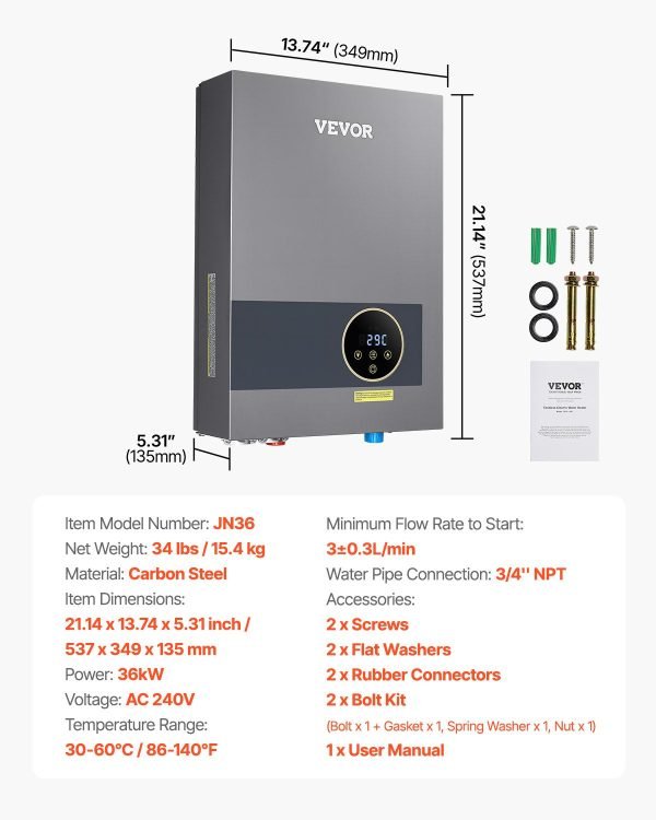 Vevor Tankless Electric Water Heater 36kW Instant Hot with LCD Touchscreen New